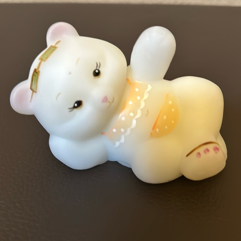 Fenton Art Glass Ivory Satin Reclining Bear Signed by Artist